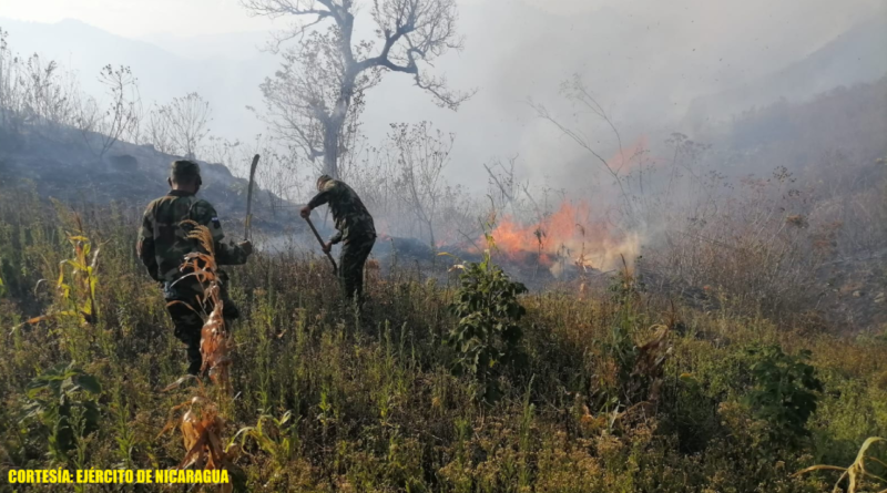 Efectivos del El Ejército de Nicaragua en sofocación de incendios forestales y agropecuarios en los cerros Carlos Rizo y Alemania, departamento de Jinotega.