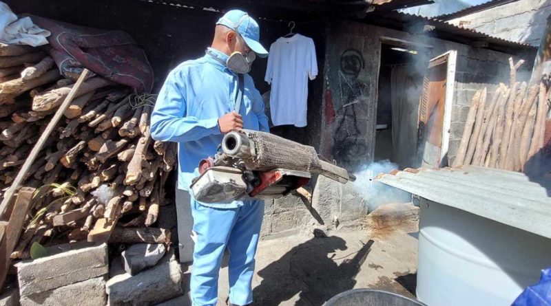 Brigadista del Ministerio de Salud durante la jornada de fumigación en la colonia Unidad de Propósito