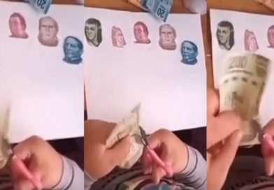 Niña recorta los rostros de varios billetes para su tarea.