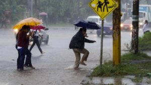 Personas con paraguas cruzando una calle bajo la lluvia