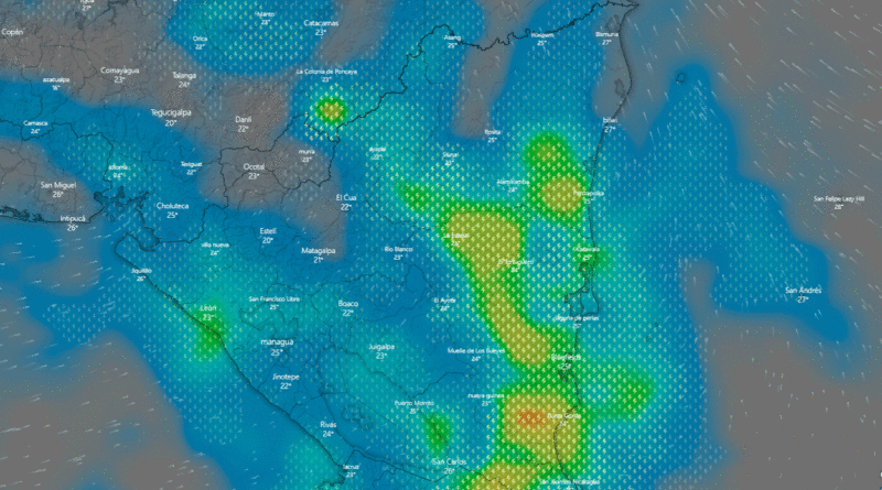 Imagen satelital del mapa de Nicaragua bajo la influencia de un sistema de alta presión que provocará lluvias en el territorio.