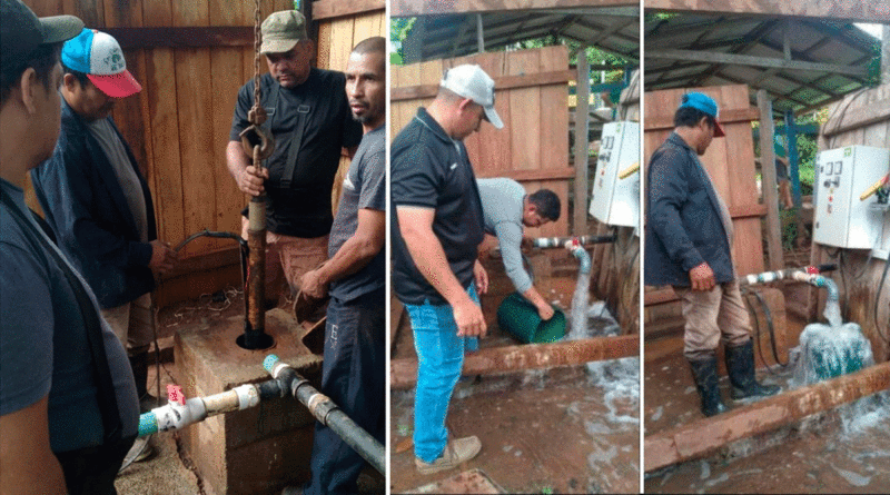 Trabajadores de ENACAL haciendo mejoras en el pozo de la comunidad Laureano Mairena, El Castillo.