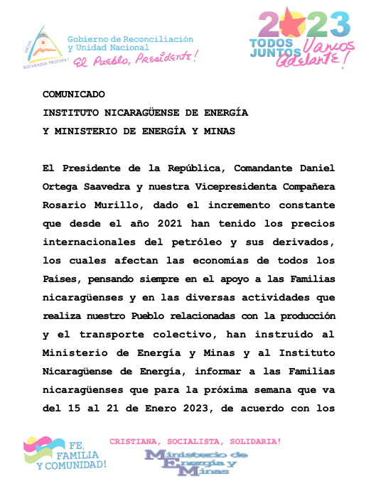 comunicado, ine, ministerio, energia, nicaragua