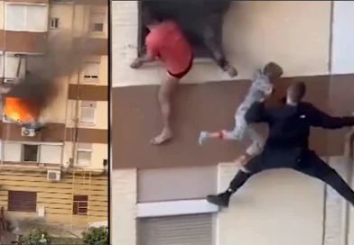 incendio, España, salva, rescata, familia, hombre, vecino, ventana, héroe, segundo, piso, llamas, fuego, calor, Sevilla