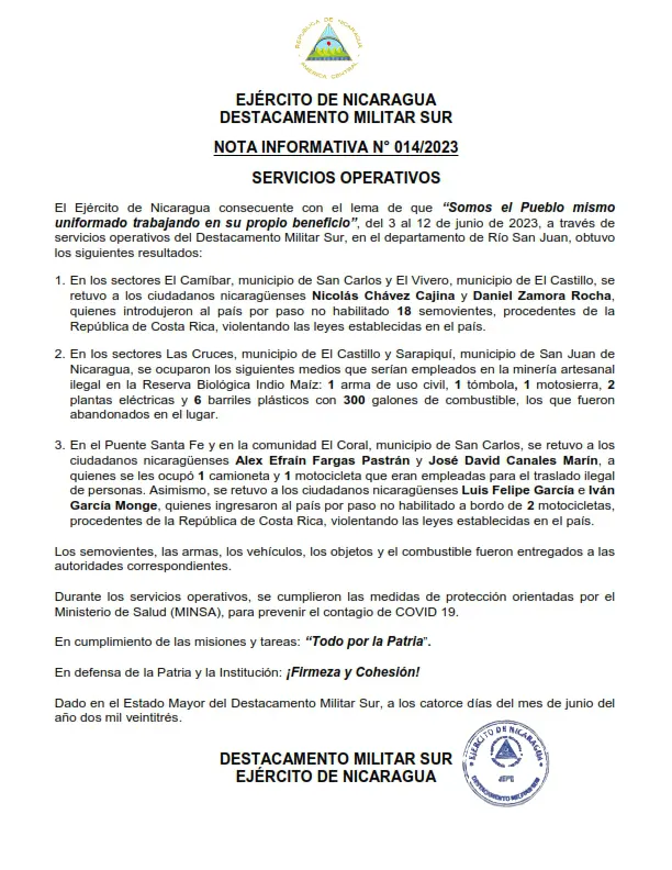 ejército, nicaragua, operativo, destacamento, militar, sur, delincuencia, nota de prensa