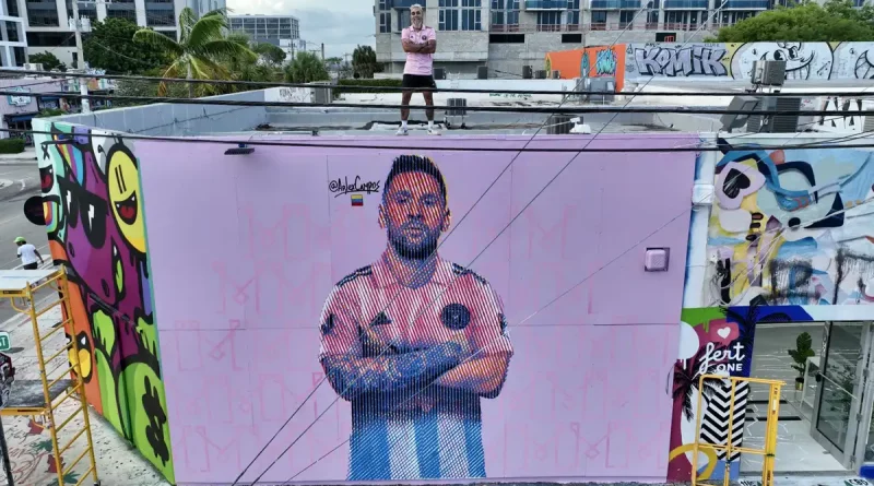 mural, primer, pinta, venezolano, Lionel, Messi, camiseta, Inter, usando, Alex, Campo, artista, dedicado,