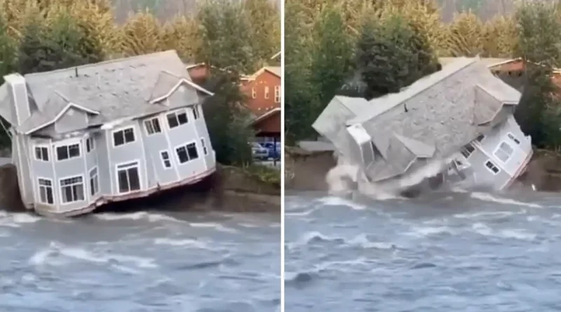 Alaska, casa, colapsa, colapsó, río, Mendenhall, video, inundaciones, sorprendente, inesperadas, aguas, arrastrada, derrumba,