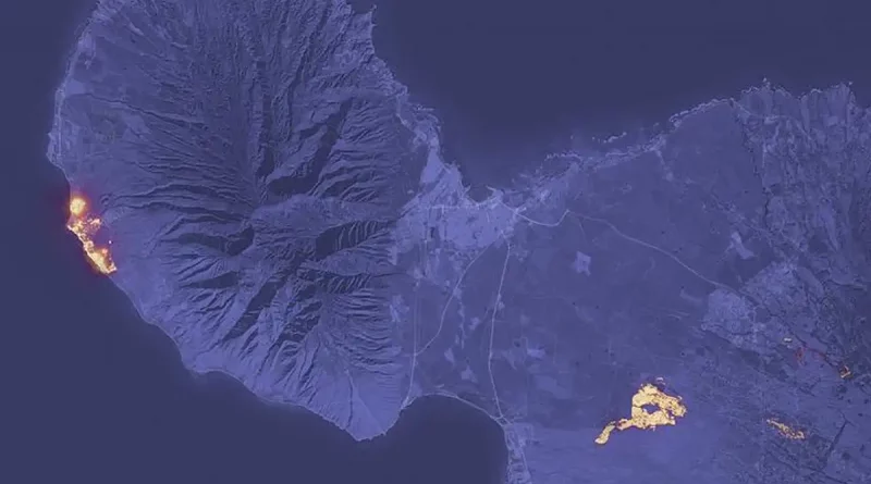 incendio forestal, Hawái, desde, espacio, imagen , magnitud, visible, devastación, causada, observatorio,