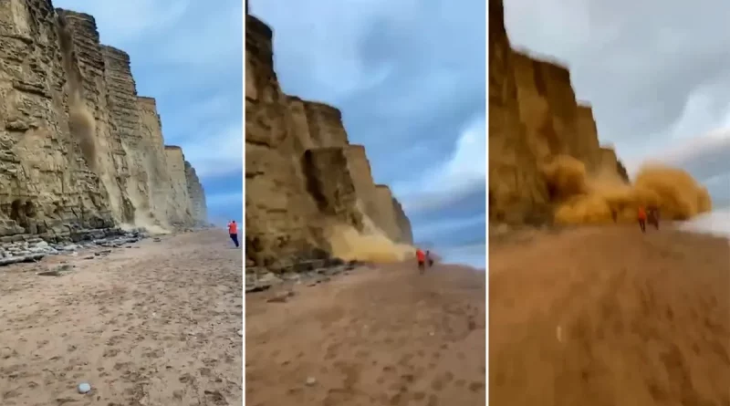 turistas, alcantilado, derrumbe, playa, reino unido,