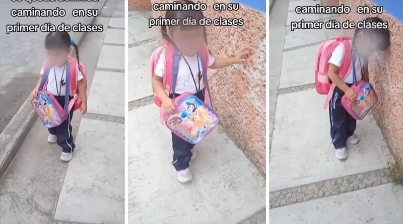 niña, pequeña, lucha contra el sueño, duerme, camino, rumbo, escuela, kinder, quedarse dormida, clases, viral, redes, tiktok,