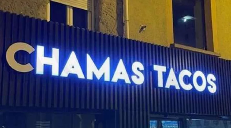 restaurante, francia, letrero luminoso, hamas tacos