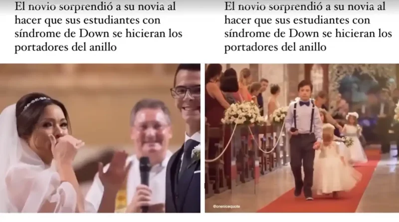 boda, matrimonio, niños, sindrome de down, novio, pareja, alumnos, llevan, levarle, anillos, anillos de matrimonio, sorprendida, emotiva, logopeda, profesora,