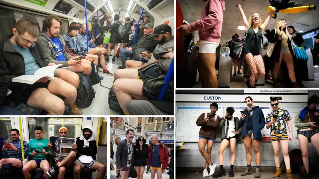 metro, Londres, personas, sin pantalones, mujeres, hombres, ropa interior, abrigos, chaqueta, estación del metro, 