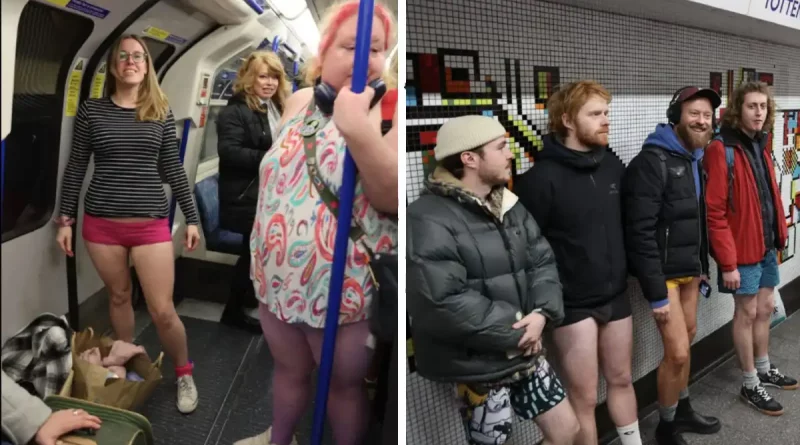 metro, Londres, personas, sin pantalones, mujeres, hombres, ropa interior, abrigos, chaqueta,