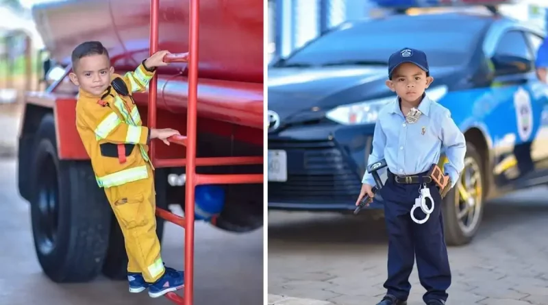 niño, pequeño, vestido, policía, bombero, estación, celebra, cumpleaños, cumple sueño, Nueva Guinea, Zelaya Central, fotografías,