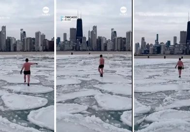 Chicago, temperatura extremas, ola de frio, hombre, camina, sobre el hielo, Lago Michigan, caminar, desafía, tormenta invernal,