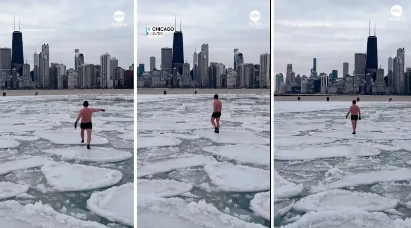 Chicago, temperatura extremas, ola de frio, hombre, camina, sobre el hielo, Lago Michigan, caminar, desafía, tormenta invernal,