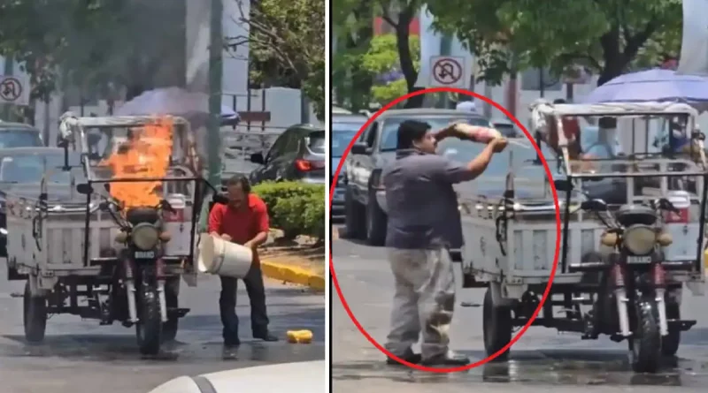 hombre, coca-cola, bebida carbonatada, incendio, héroe inesperado, viral, redes, video, apaga incendio, motocicleta,
