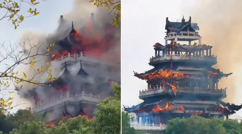 China, turista, Pabellón Wenchang del Monte Fénix, desató, incendio, pudo provocar, negligencia, visitante, templo, acusan,