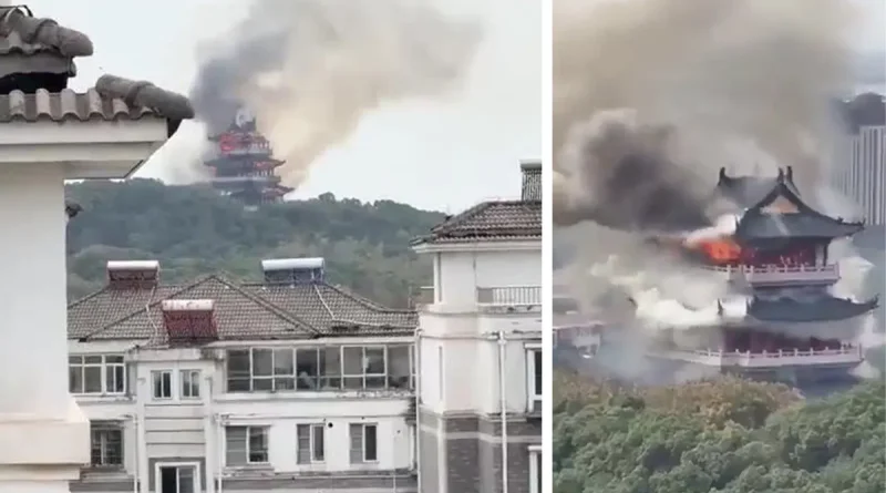China, incendio, pabellón de madera Wenchang, templo Yongqing,